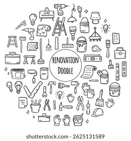 Hand drawn doodle Construction tools set. Illustration of building and renovation. House repair concept collection