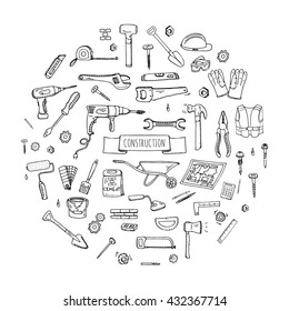 Hand drawn doodle Construction tools set. Vector illustration building icons House repair concept collection Modern sketch style labels of home remodel gear elements and symbols Saw Hammer Screwdriver