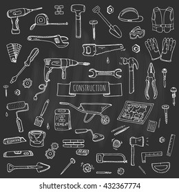 Hand drawn doodle Construction tools set. Vector illustration building icons House repair concept collection Modern sketch style labels of home remodel gear elements and symbols Saw Hammer Screwdriver