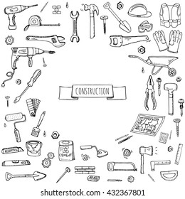 Hand Drawn Doodle Construction Tools Set. Vector Illustration Building Icons House Repair Concept Collection Modern Sketch Style Labels Of Home Remodel Gear Elements And Symbols Saw Hammer Screwdriver