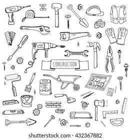 Hand drawn doodle Construction tools set. Vector illustration building icons House repair concept collection Modern sketch style labels of home remodel gear elements and symbols Saw Hammer Screwdriver