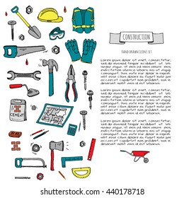 Hand drawn doodle Construction tools set. Vector illustration building icons House repair concept collection Modern sketch style labels of home remodel gear elements and symbols Saw Hammer Screwdriver