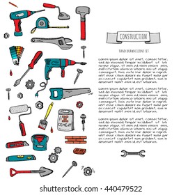 Hand drawn doodle Construction tools set. Vector illustration building icons House repair concept collection Modern sketch style labels of home remodel gear elements and symbols Saw Hammer Screwdriver