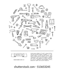 Hand drawn doodle Construction tools set Vector illustration building icons House repair icons concept collection Modern sketch style labels of house remodel gear elements and symbols Home repair tool