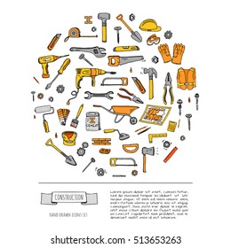 Hand drawn doodle Construction tools set Vector illustration building icons House repair icons concept collection Modern sketch style labels of house remodel gear elements and symbols Home repair tool