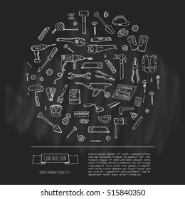 Hand drawn doodle Construction tools set Vector illustration building icons House repair icons concept collection Modern sketch style labels of house remodel gear elements and symbols Home repair tool