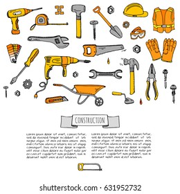 Hand drawn doodle Construction tools set Vector illustration building icons House repair icons concept collection Modern sketch style labels of house remodel gear elements and symbols Home repair tool