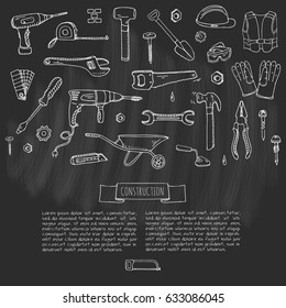 Hand drawn doodle Construction tools set Vector illustration building icons House repair icons concept collection Modern sketch style labels of house remodel gear elements and symbols Home repair tool