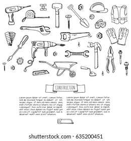 Hand drawn doodle Construction tools set Vector illustration building icons House repair icons concept collection Modern sketch style labels of house remodel gear elements and symbols Home repair tool