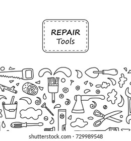Hand drawn doodle construction tools template for card. Vector illustration with cartoon wrench, bolt, scissors, hammer, saw, home building and repair tool. Sketch style.