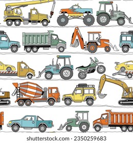 hand drawn doodle construction trucks and cars seamless pattern