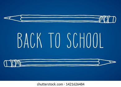 Hand drawn doodle contour Back to School words and two pencils over blue background.