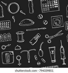Hand drawn doodle contraceptive seamless pattern Vector illustration. Symbol collection.