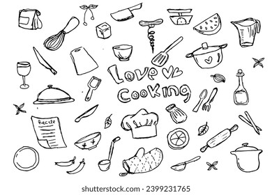 Hand drawn doodle Cook concept. Poster with hand drawn kitchen utensils.