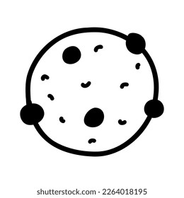 Hand drawn doodle cookie with chocolate crisps. Outline vector illustration of biscuit with chocolate or raisins, baking, confectionery.