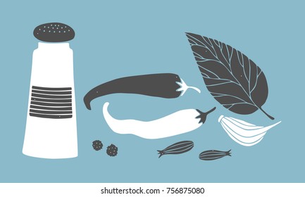 Hand drawn doodle cooking elements. Colorful vector set of spices. Black and white chilli pepper, bay leaf, garlic, salt on blue background.
