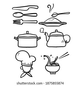 hand drawn doodle cooking icon set isolated background