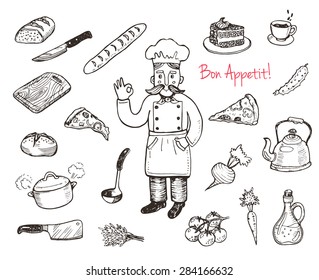 Hand drawn doodle cooking set.  Kitchen utensils and food.