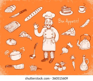 Hand drawn doodle cooking set. 
