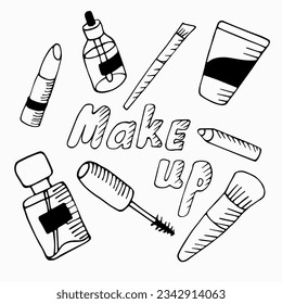 Equipo cosmético de doodle dibujado a mano sobre el fondo blanco, maquillaje