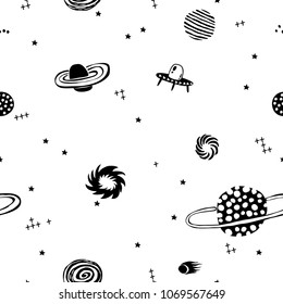 Espacio cósmico de doodle dibujado a mano: planetas, estrellas, agujero negro, cometas. Fondo Cosmos. Antecedentes creativos en la guardería. Perfecto para el diseño infantil, tejido, envoltura, papel pintado, textil, vestimenta.