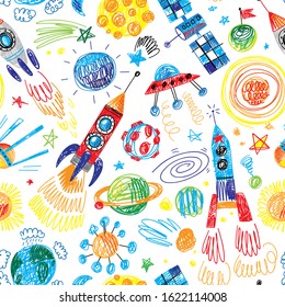 hand drawn doodle cosmos rockets boys seamless pattern