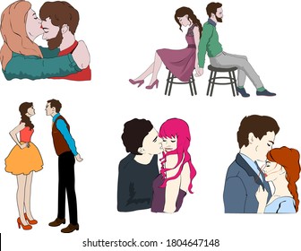 Hand drawn doodle couples in different situations
