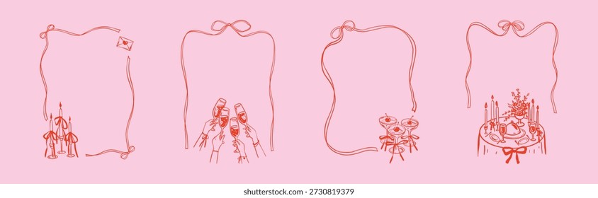 Handgezeichneter Doodle-Buntstift mit romantischen Bändern für Hochzeitseinladungen, Café-Menü, Valentinstag-Poster. Zarte filigrane viktorianische und französische Designelemente, Champagner und Cocktailglas