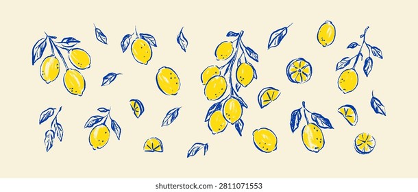 Hand drawn doodle crayon lemon fruit, leaves, branch tree set. Blue and yellow pencil scribble lemons. Italian summer, Amalfi, Sicily pastel, paint, watercolor design element. Mediterranean food