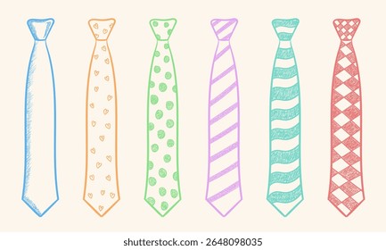 Hand Drawn Doodle Crayon Tie Set with Heart, Dotted, Line, Wave, and Diamond Patterns in Pastel Colors for Fashion Illustration, Father's Day, School, or Clothing Design