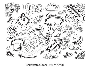 Hand drawn doodle creative arts such as clouds, t-shirts, bulb, arrows, leaves, mountains. Design illustration for design elements.