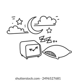 hand drawn doodle crescent and alarm clock star symbol from bedtime