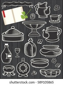 Hand drawn doodle crockery set. Vector illustration