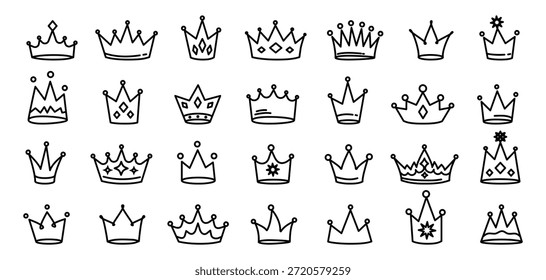 Handgezeichnete Doodle Krone großes Set in schwarzem Umriss. Kinderähnliche Kronen mit Linien, die im Stil einer Doodle-Skizze gezeichnet sind. Vektorgrafik einzeln.