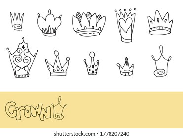 Hand drawn doodle crowns. King crown sketches.Crown logo graffiti icon.