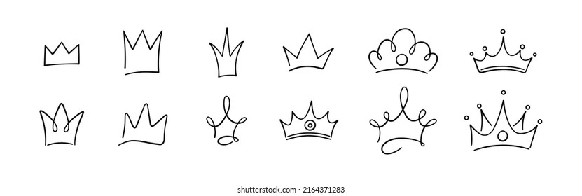 Hand drawn doodle crowns set. King crown sketches, majestic tiara, king and queen royal diadems. Vector illustration isolated in doodle style on white background.