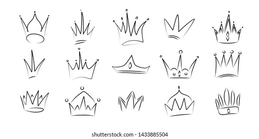 Hand drawn doodle crowns. Sketch crown queen king coronet urban vintage coronal icons, crowning majestic tiara princess diadem symbol set, vector pop art elements