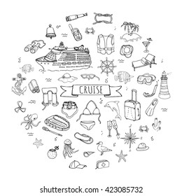 Hand drawn doodle Cruise vacation icons set Vector illustration summer adventure emblem collection Cartoon ship liner concept elements Sea symbols Marine concept Summertime vacation Beach holiday