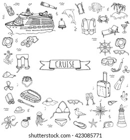 Hand drawn doodle Cruise vacation icons set Vector illustration summer adventure emblem collection Cartoon ship liner concept elements Sea symbols Marine concept Summertime vacation Beach holiday