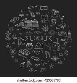 Hand drawn doodle Cruise vacation icons set Vector illustration summer adventure emblem collection Cartoon ship liner concept elements Sea symbols Marine concept Summertime vacation Beach holiday