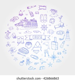Hand drawn doodle Cruise vacation icons set Vector illustration summer adventure emblem collection Cartoon ship liner concept elements Sea symbols Marine concept Summertime vacation Beach holiday