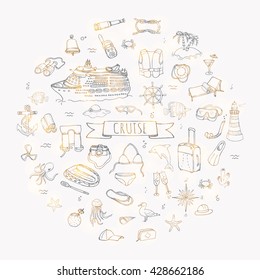 Hand drawn doodle Cruise vacation icons set Vector illustration summer adventure emblem collection Cartoon ship liner concept elements Sea symbols Marine concept Summertime vacation Beach holiday