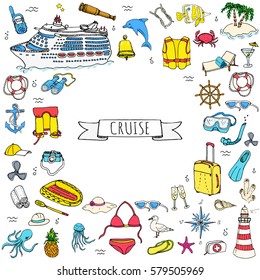 Hand drawn doodle Cruise vacation icons set Vector illustration summer adventure emblem collection Cartoon cruise liner concept elements Sea symbols Marine concept with Ship Summertime Elements Boat