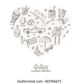 Hand drawn doodle Cuba travel set. Sketchy Icons set with Rum, palms, car, flag. Travel  Collection. Isolated vector illustration.