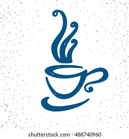 Hand drawn doodle cup of coffee. Decorative logo design element. Hipster vintage style emblem, vector illustration