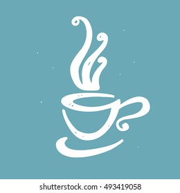 Hand drawn doodle cup of coffee. Decorative logo design element. Hipster vintage style emblem, vector illustration