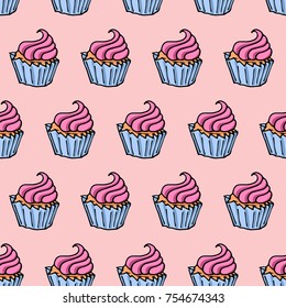 Hand Drawn Doodle Cupcake Colorful on Pink Background Vector Seamless Pattern