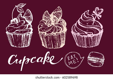 Hand drawn doodle cupcake. Eat me. Macaroon. Dessert vector illustration.