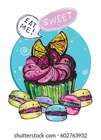 Hand drawn doodle cupcake. Eat me. Macaroon. Dessert vector illustration.