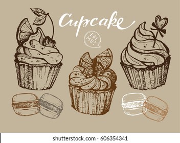Hand drawn doodle cupcake. Eat me. Macaroon. Dessert vector illustration.
